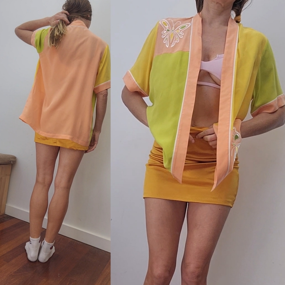 Bob Mackie Zendaya favorite peach lime butterfly 100% silk festival blouse top s - Picture 2 of 7